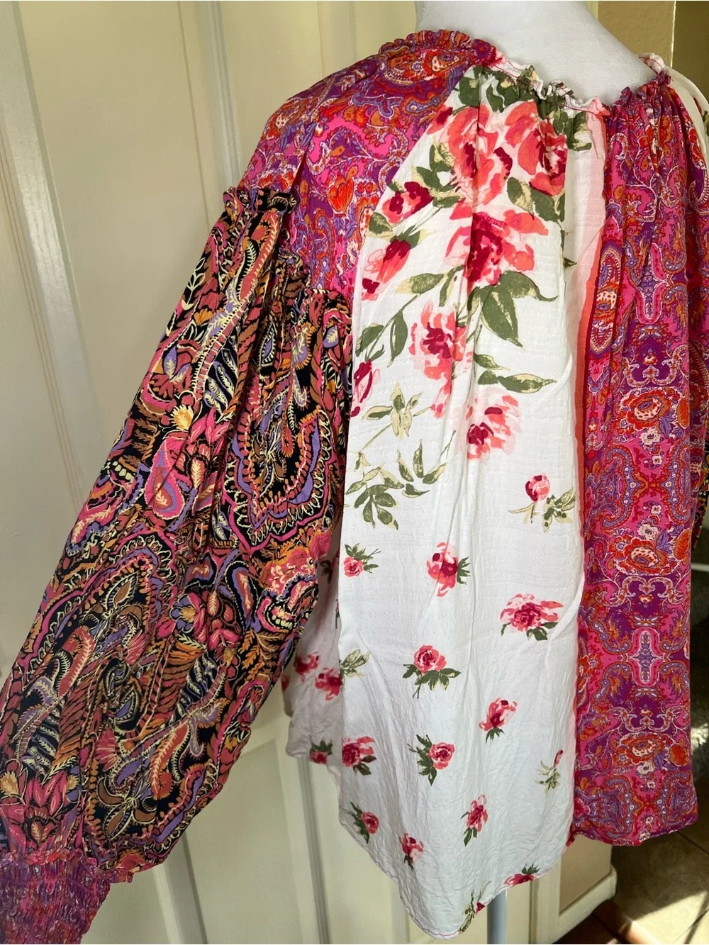 Free People Gemini Patchwork Floral Paisley Blouse Pink Boho Size L